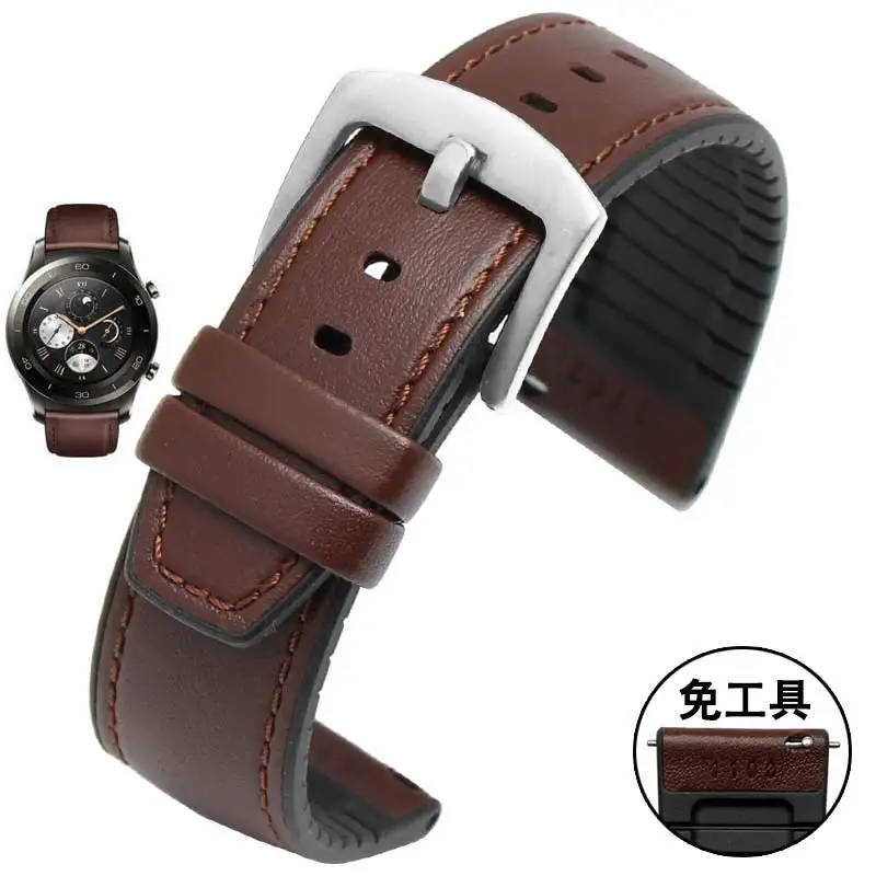 22 мм кожаный браслет для huawei Watch GT magic watch 2pro Смарт-часы в деловом стиле Замена 2 в 1 кожаный силиконовый ремешок - Цвет ремешка: brown-silver clasp