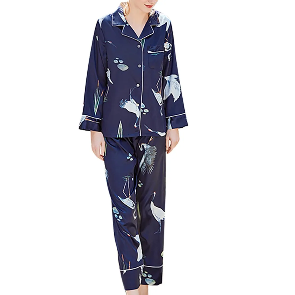 Модная женская пижама с длинным рукавом, ночная рубашка с принтом, Атласный топ и штаны, комплекты, дропшиппинг, модная одежда для отдыха, Ретро стиль