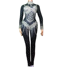 

Personality Rhinestones Pattern Printing Shining Jumpsuit Backless Ladies Nightclub Performance Dance Costume Uniform Costumes