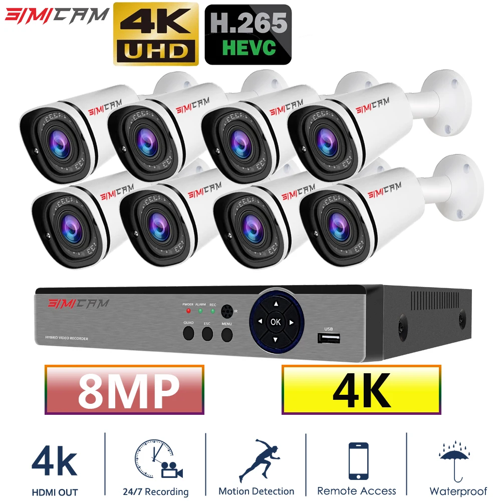 

4K Ultra HD Video surveillance camera kit 8X 8MP 8ch H265 DVR 30mNight Vision out door wate rproof cctv security camera system
