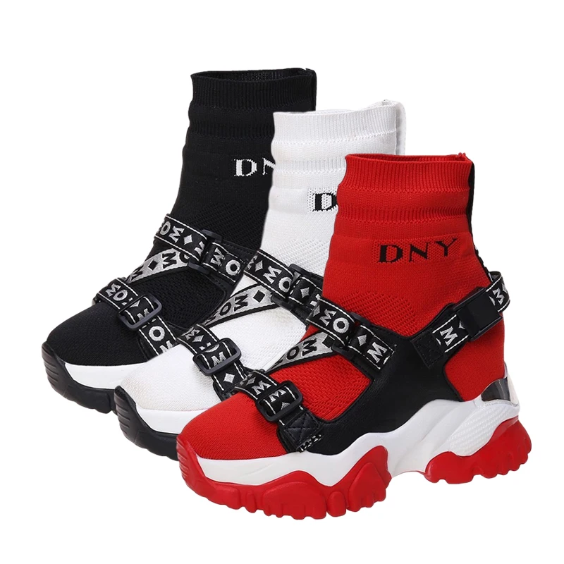 

2020 Autumn New Sock Boots Women Fashion High Heels Boot Woman Round Head Wedges Shoes Female Thick Heel Flying Woven Mesh Shoe