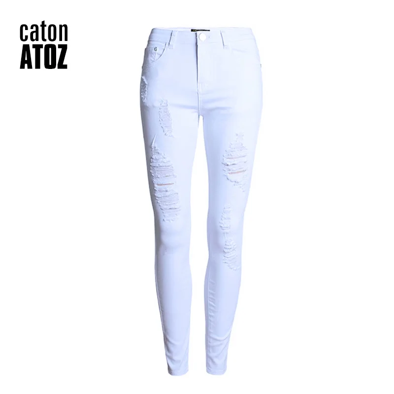 

catonATOZ 2067 Women's Large Size White Ripped Jeans Fashion Ultra Stretchy Distressed Denim Pants Trousers For Women