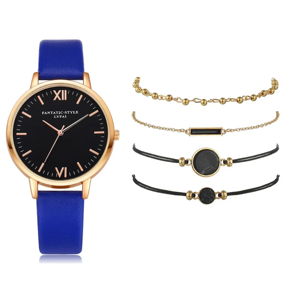 Роскошные 5 шт./компл. Лидирующий бренд Для женщин часы браслет комплект Для женщин часы Повседневное кожа кварцевые наручные часы Relogio Feminino