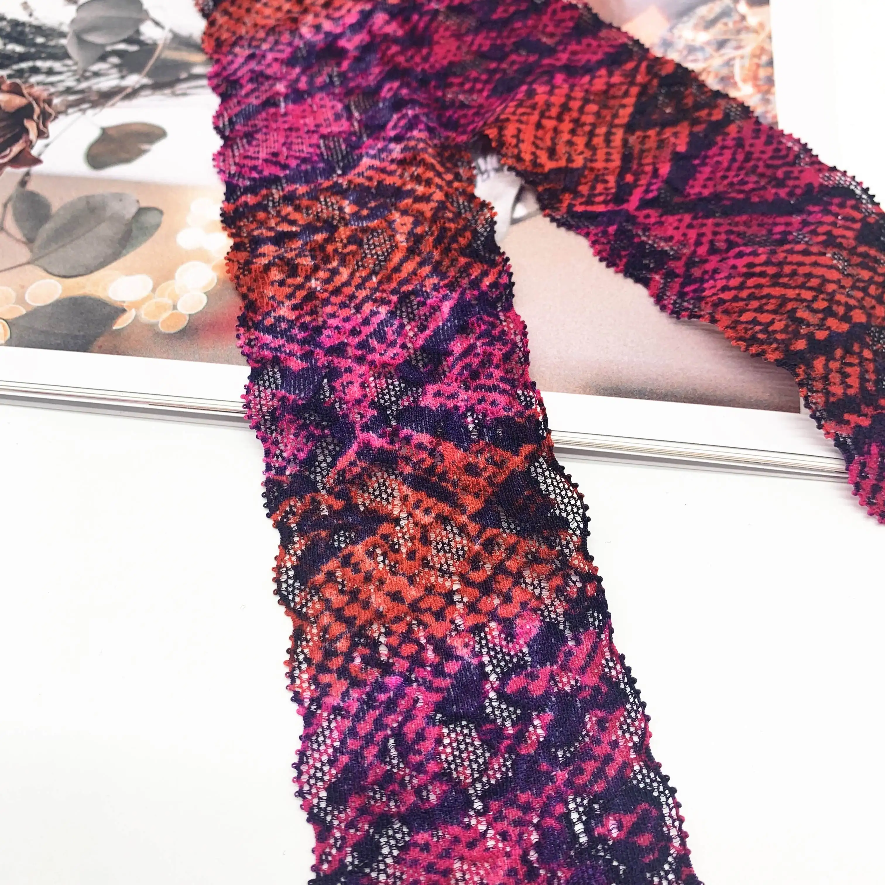 Width 2 1/8 inch 5.50cm Narrow Printed Fuchsia Stretch Lace Trim 2