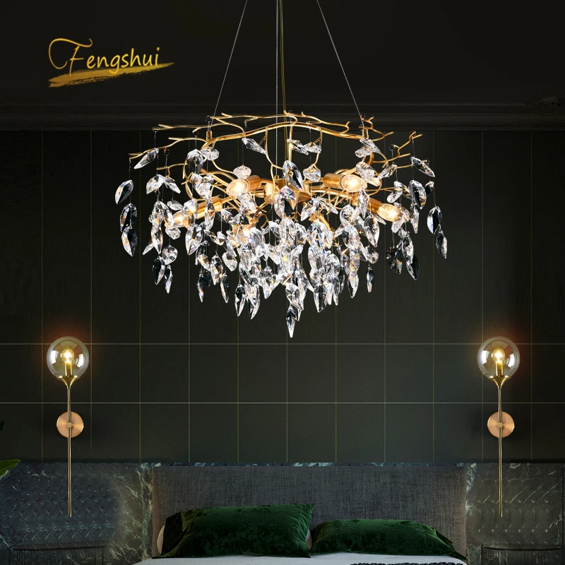 Modern Gold LED Crystal Chandelier for Living Room Luxury Crystal Chandeliers Hotel Hall Art Indoor Decor Hanging Lamp Lighting