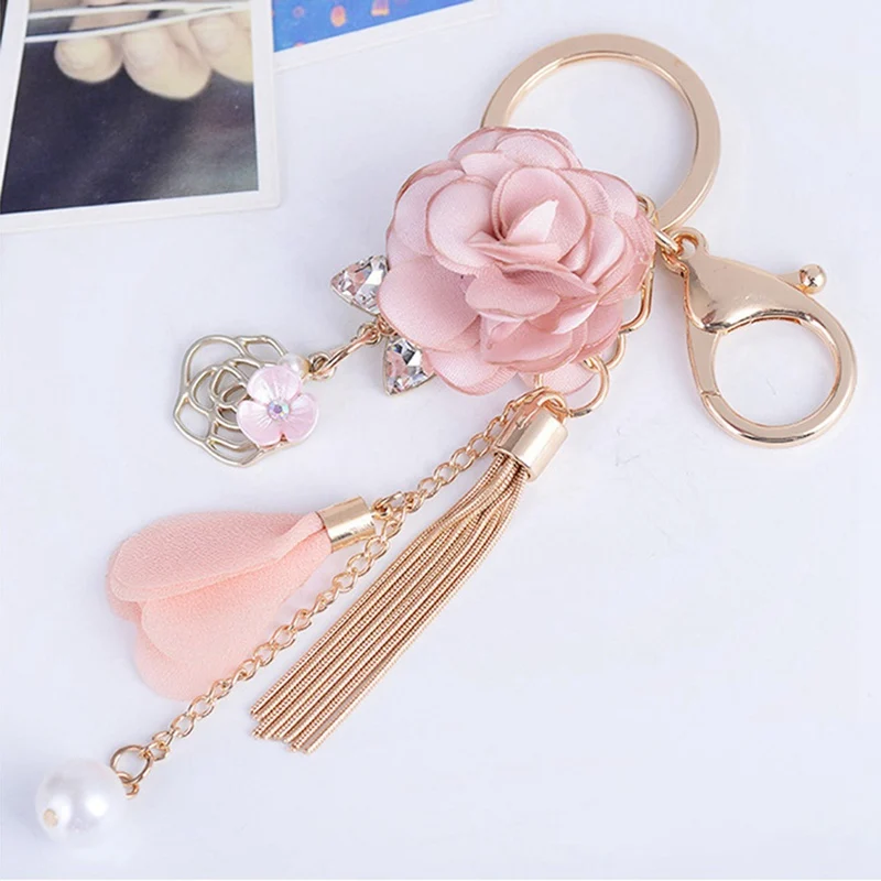

New Rose Flowers Keychain Crystal Key Chain Pearl Chain Tassel Key Ring Women Bag Car Pendant Jewelry Gifts