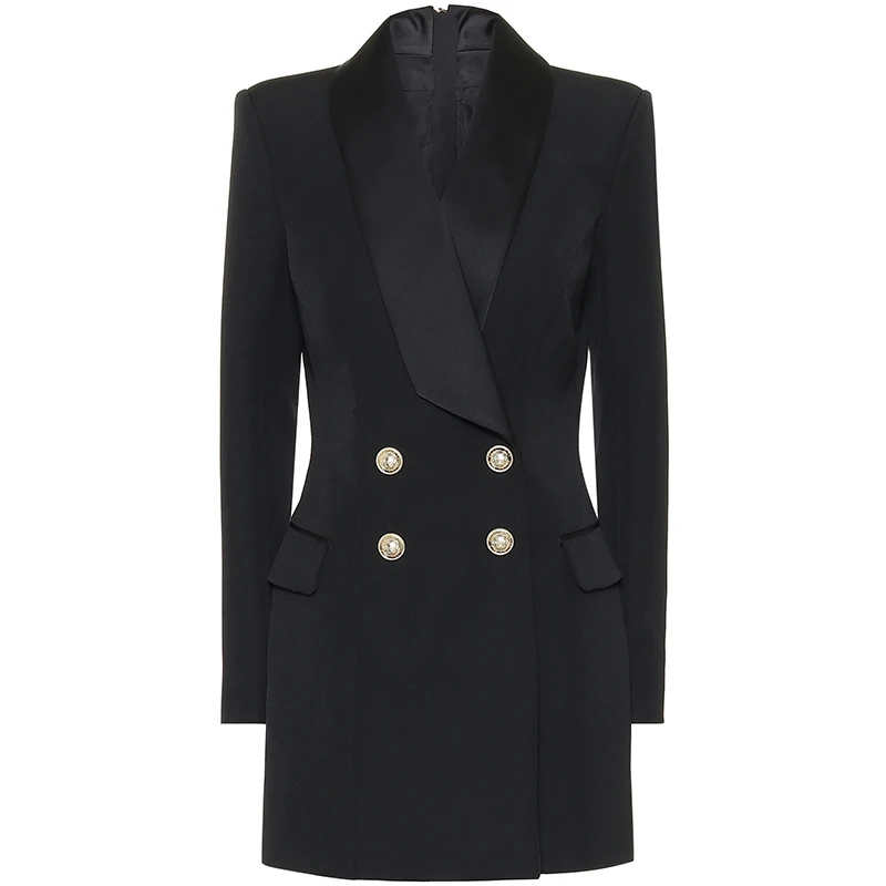 

HIGH STREET 2024 New Fashion Designer Blazer Dress Women's Long Sleeve Double Breasted Metal Buttons Satin Notched Collar Dress