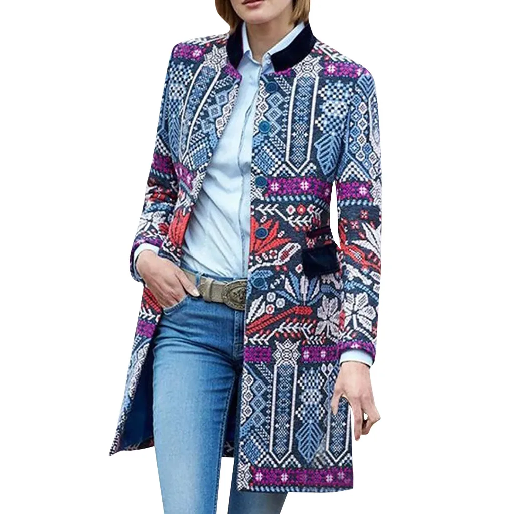 Цветочный принт, шаль, воротник, тонкий приталенный Блейзер, для женщин, весна, осень, для офиса, для девушек, длинный рукав, элегантное пальто, верхняя одежда, блейзеры# J30 - Цвет: Синий