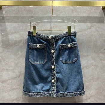 

Luxury Brand Beaded Button Denim Half Skirt Women's 2020 Summer New Korean Version of Pleated Trimmed Hip Single-breasted Skirts