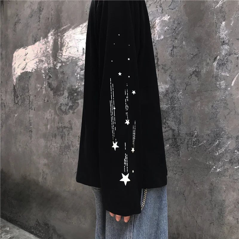 Woherb Harajuku Светоотражающая футболка для женщин и мужчин Уличная Повседневная Корейская футболки для пар топы с длинными рукавами принт Звезды футболки