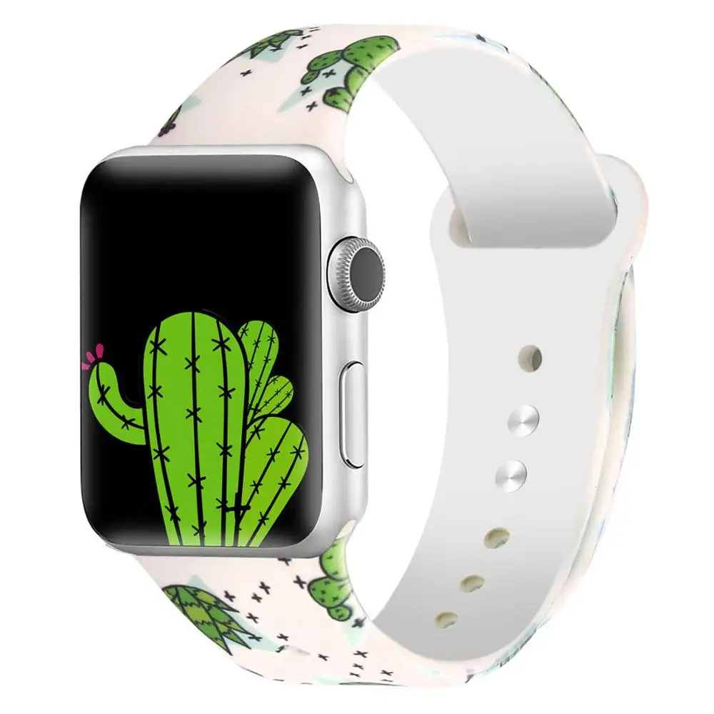 С принтом силиконовый ремешок для Apple watch 38 мм 42 мм Женская спортивная резина браслет ремешок для часов 40 мм 44 мм для iwatch серии 4 3 2 1 - Цвет ремешка: Cactus