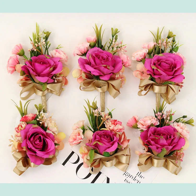 

New Wedding Wrist Flowers Bridesmaid Bride Wrist Hand Flowers Woven Straw Cuff Bracelet Bangles Wedding Party Accessories