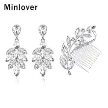 Minlover серебристый лист форма невесты волос расчески и висячие серьги для женщин Кристалл Свадебные аксессуары для волос серьги Ювелирные наборы FS104+ MEH1626