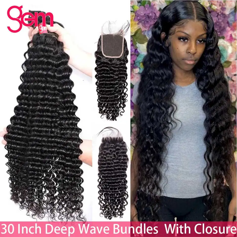 30 Inch Deep Wave Bundle With Closure Human Hair 4 / 3 Bundle With Closure Brazilian Hair Weave Wet and Wavy Bundle With Closure