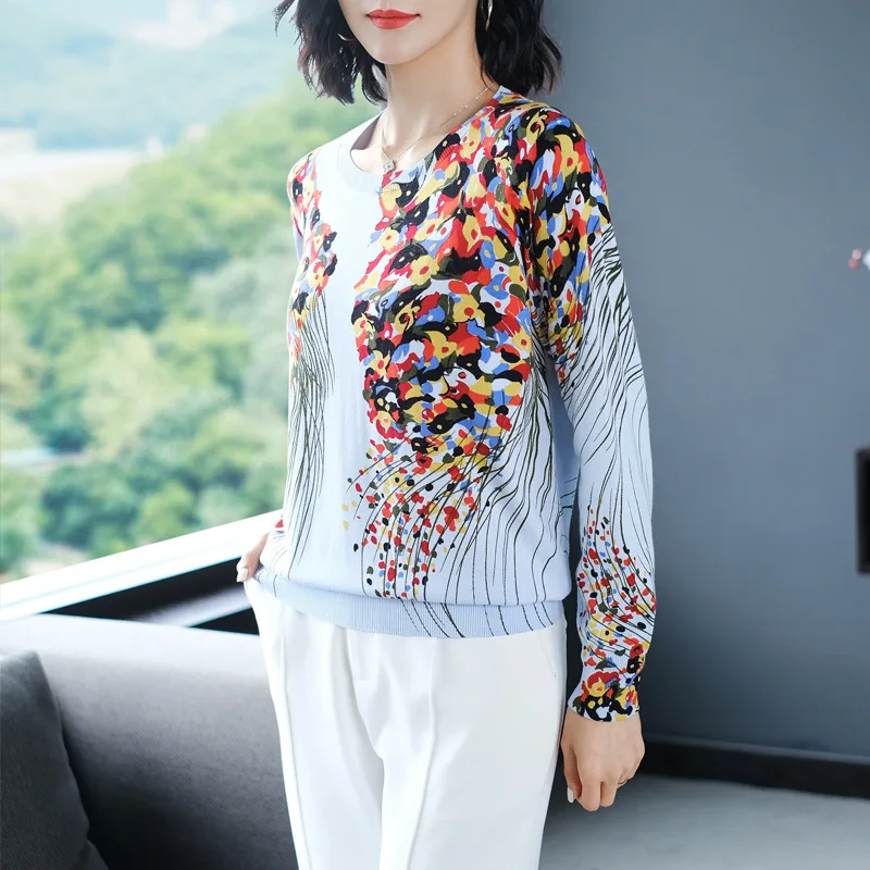 

Printed Sweater Female Crew Neck Pullover Loose Outer Wear 2020 Autumn and Winter New Style Versatile Western Style Knit Low Wai