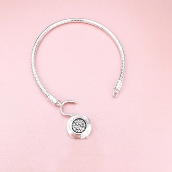

Real 925 Sterling Silver Signature Padlock Moments Smooth Snake Chain Bracelet Bangle Fit Bead Charm DIY Europe Jewelry