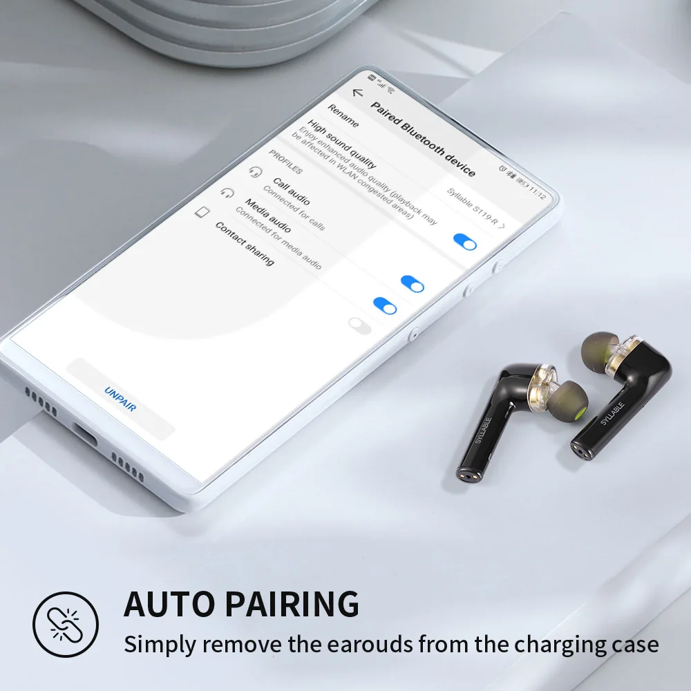 Original SYLLABLE S119 bluetooth V5.0 bass earphones wireless headset noise reduction SYLLABLE S119 Dual Dynamic Drivers earbuds