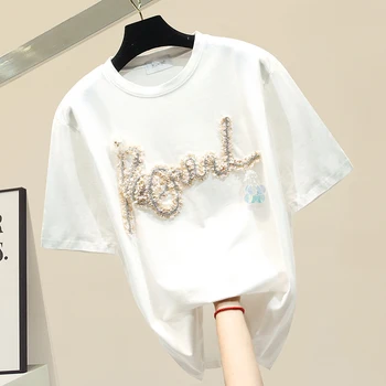 

2020 Spring Summer New Three-dimensional Letters Diamond Tshirt Women Personality Loose Short-Sleeve Round-Neck White T-shirt