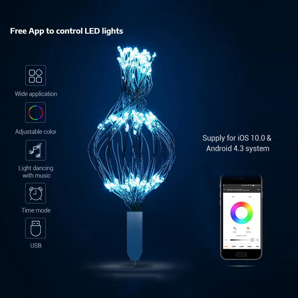 LH-BT-YHD150RGB 150 светодиодов Сказочный медный светильник фейерверк с управлением приложением