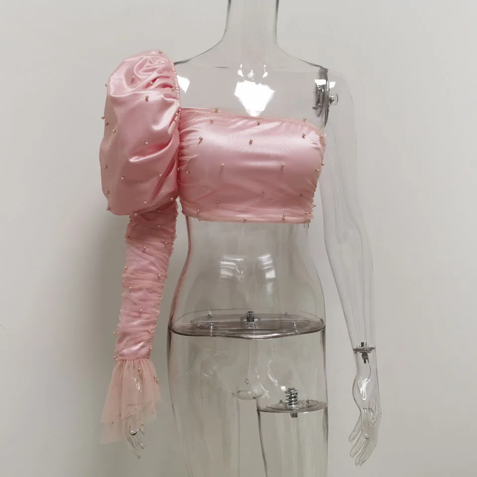 Pink Top Karlofea/милое женское мини-платье на день рождения, элегантное платье с пышными рукавами на одно плечо, повседневная одежда, платье на день рождения с перламутровым плетением и рюшами - Цвет: Pink Top