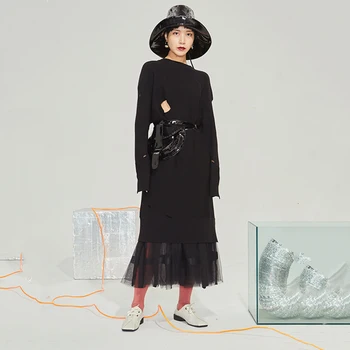 

Women Black Hollow Out Big Size Knitting Dress New Round Neck Long Sleeve Loose Fit Fashion Tide Spring Utumn 2020 1479