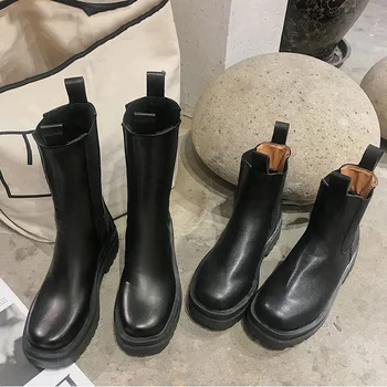 

Women Chunky Heel Ankle Boots Autumn Brand Designer Chelsea Boot Female Platform Booties Fashion Lasdies Shoes Black Leather