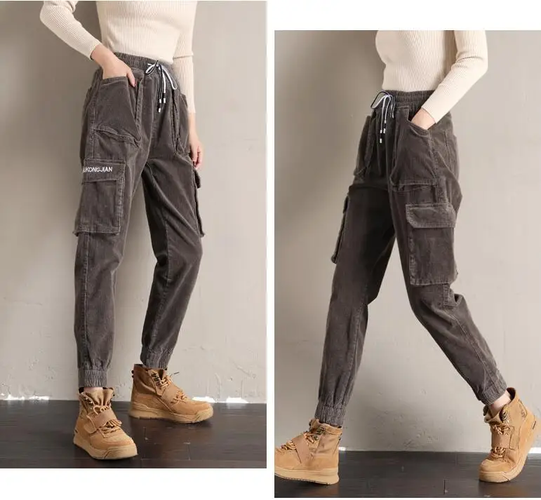 Corduroy pants Women's loose pocket harem pants corduroy pants Women's autumn new beam feet high waist casual trousers Female