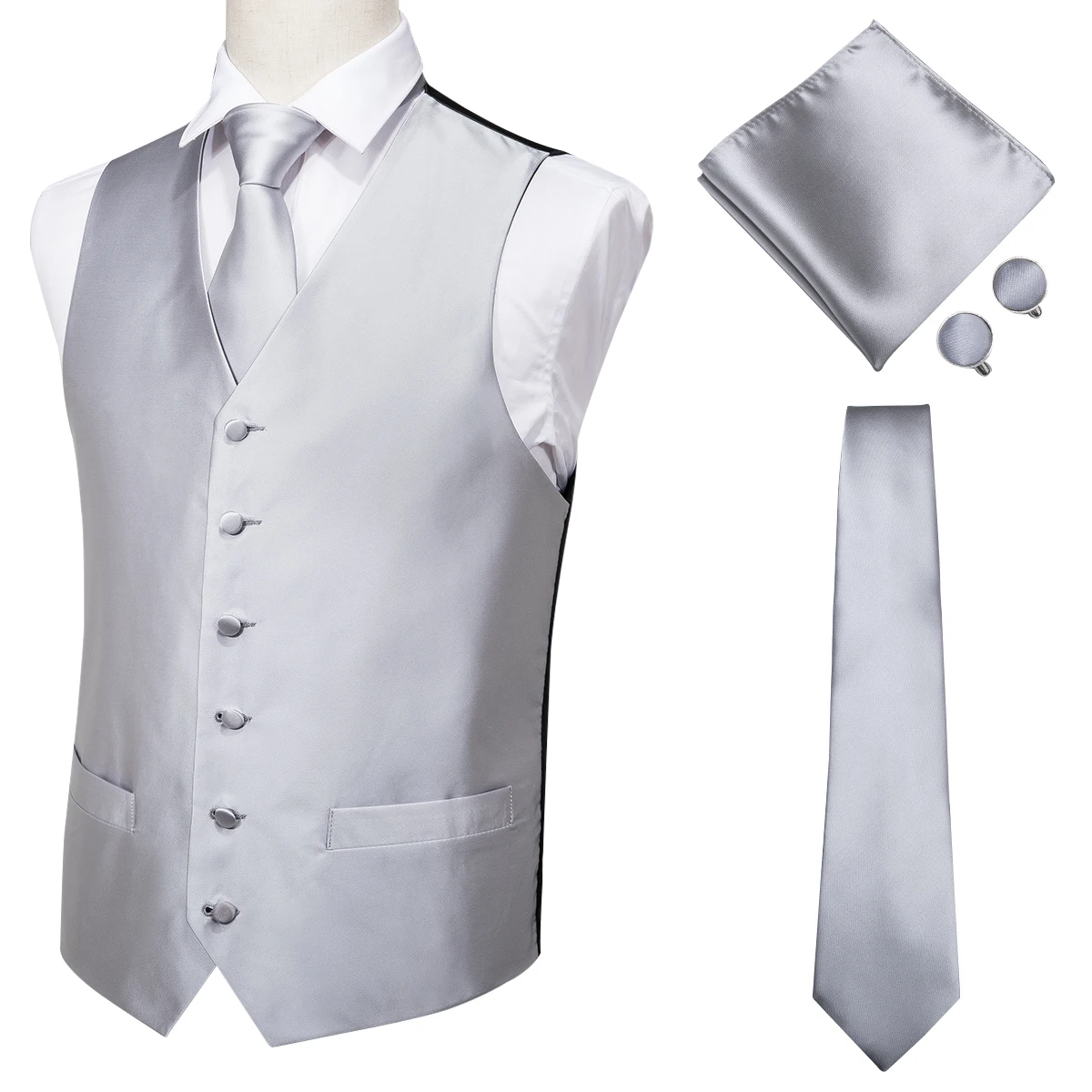 Hi-Tie новые дизайнерские серые однотонные жилеты для мужчин шелковые мужские жилеты костюм вечерние деловые жилеты набор с Handky и запонки MJTZ-0001