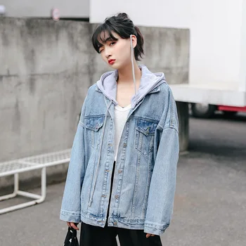 

Detachable Hooded jacket denim women Turn-down Collar jeans jacket women Loose Casual Blue Women Coats Outerwear Denim Feminine