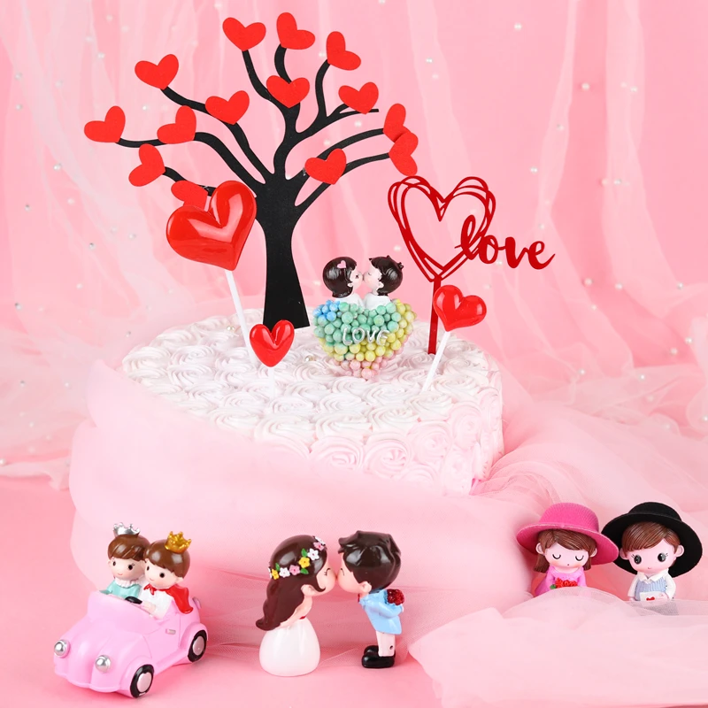 

Valentine's Day Wedding Decoration Cartoon Couple LOVE Red Tree Cake Topper Creative Card Insertion Happy Paty Dessert Table