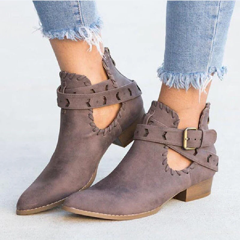 

Retro Buckle Strap Pointed Toe Western Ankle Boots Women Casual Hollow Out Square Heel Boots Woman Plus Size Botas 43