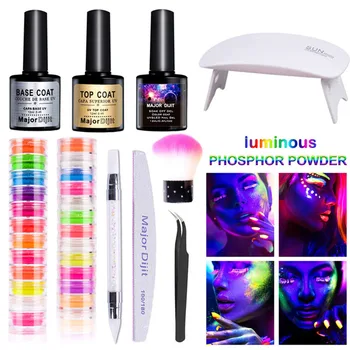 

10pcs Salon Holographic Phosphor Glow LED Lamp Dryer Top Base Professional Manicure Luminous Powder Fluorescent Nail Tool Kit