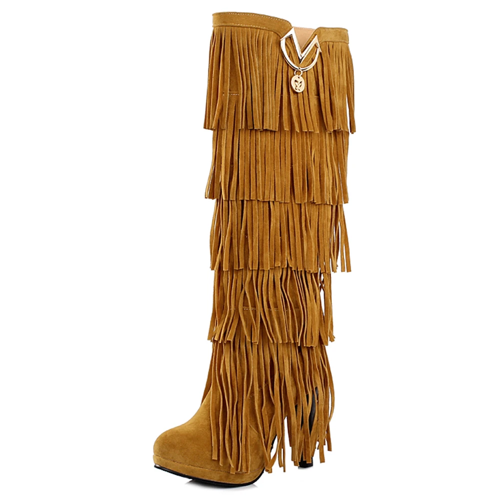 yellow thin fur DORATASIA/Новинка, большие размеры 33-43, модные сапоги с бахромой женская обувь на высоком каблуке женские вечерние сапоги до колена, Осень-зима - Цвет: yellow thin fur