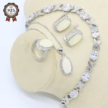 Белый опал набор украшений из серебра 925-й пробы для Женская циркониевая браслет обруч серьга, ожерелье, подвеска подарочные коробки для колец