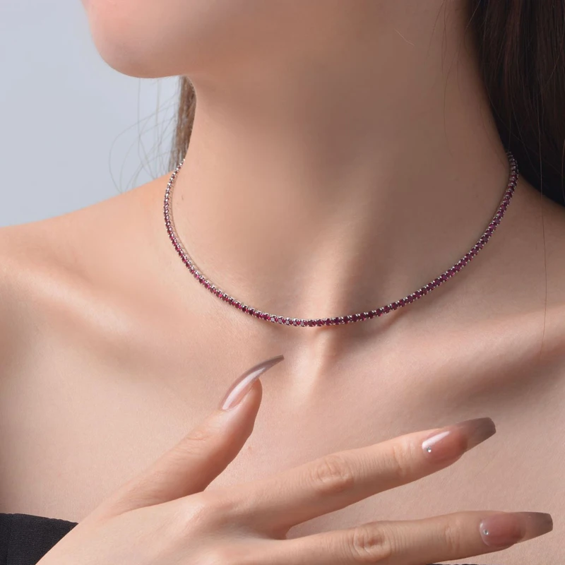 OEVAS 100% 925 Sterling Silver 2.5mm Full Ruby High Carbon Diamond Resizable Chains Necklace For Women Sparkling Fine Jewelry