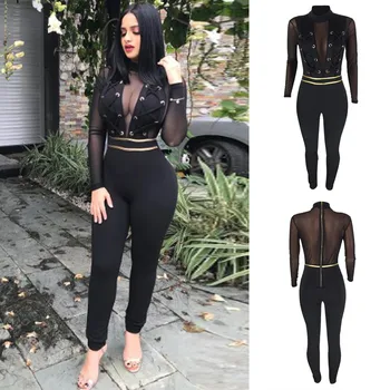 

Fashion Womens Sexy Mesh Splicing Rompers Casual Style Bandage Design Thin Waist Party Jumpsuit Romper Trousers Womens Playsuit