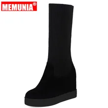 MEMUNIA/ г., новые модные женские ботинки, большие размеры 34-43 Сапоги-носки на танкетке и высоком каблуке черные женские сапоги до середины голени из эластичного материала