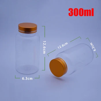 

100pcs 300ml Transparent PET Bottles, Empty Packing Bottle, Capsule Bottle, Powder Storage, Pills Container with Gold Color Cap