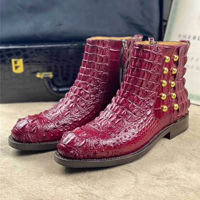 

Authentic Exotic Crocodile Skin Handmade Men's Short Red Ankle Boots Genuine Real True Alligator Leather Male ZIP Rivets Shoes