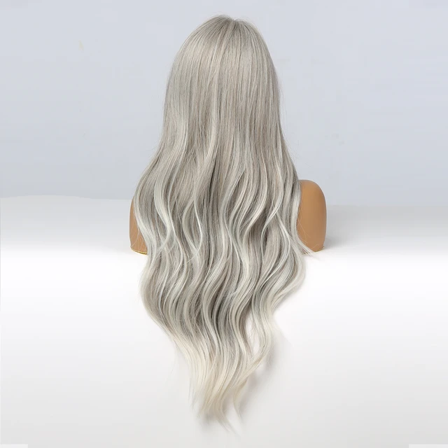 EASIHAIR Long Grey Ombre Wavy Wigs for Women Bangs Synthetic Wigs for Black Women Afro Heat Resistant Natural Hair Wig 4