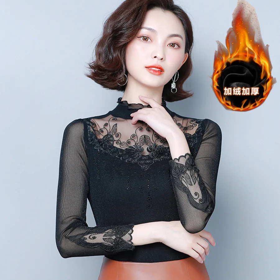 

Frilled Collar Lace Gauze Base Shirt Women's 2019 Autumn New Style Slim Fit Korean-style Liangsi Hot Drilling Elegant Sweater
