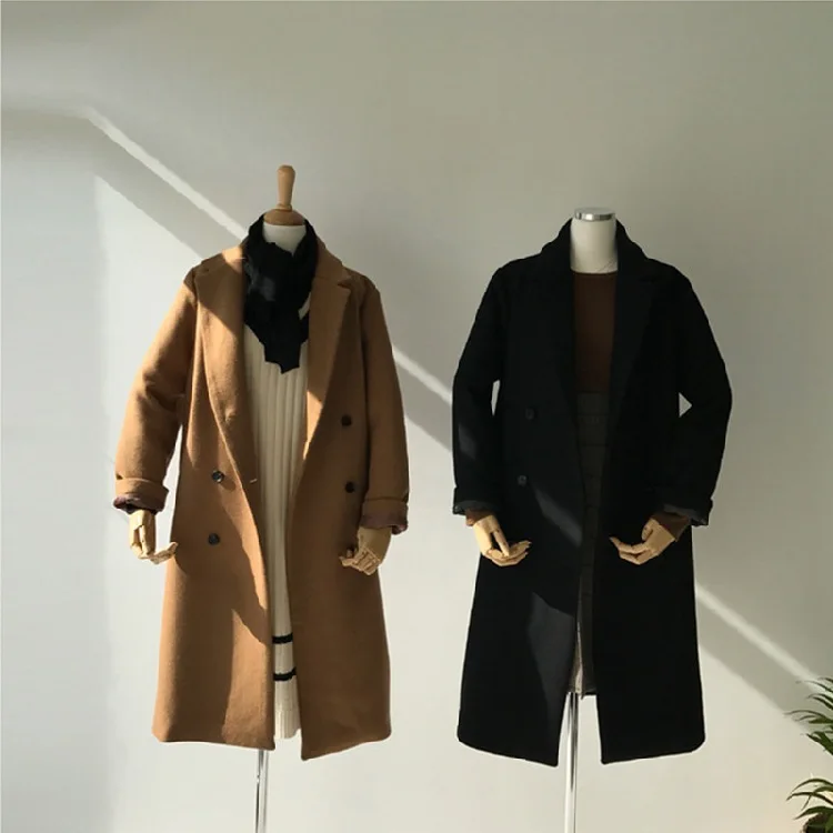 Wool Coat Women Double Breasted Coat Vintage Streetwear Long Balck Wool Coats Winter Korean Fashion Office Lady Winter Coat