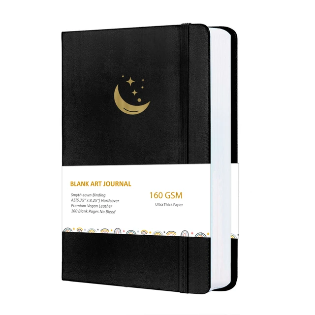 A5 Black Paper Bullet Journal Dot Grid Notebook - Moon Stars