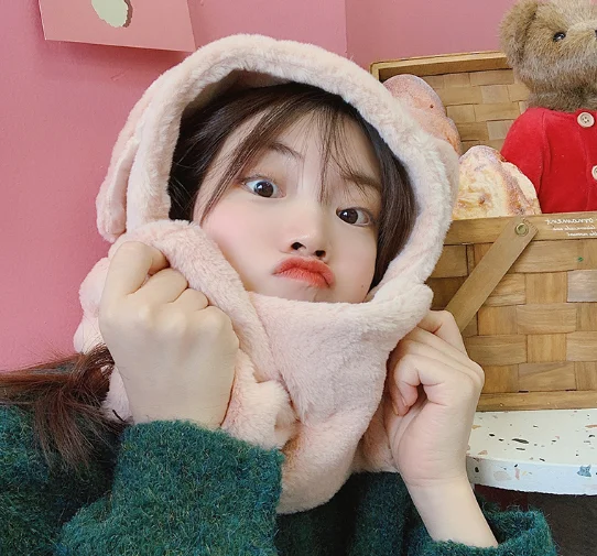 Autumn/winter thickened rabbit ears all-match plush ear scarf hat J03