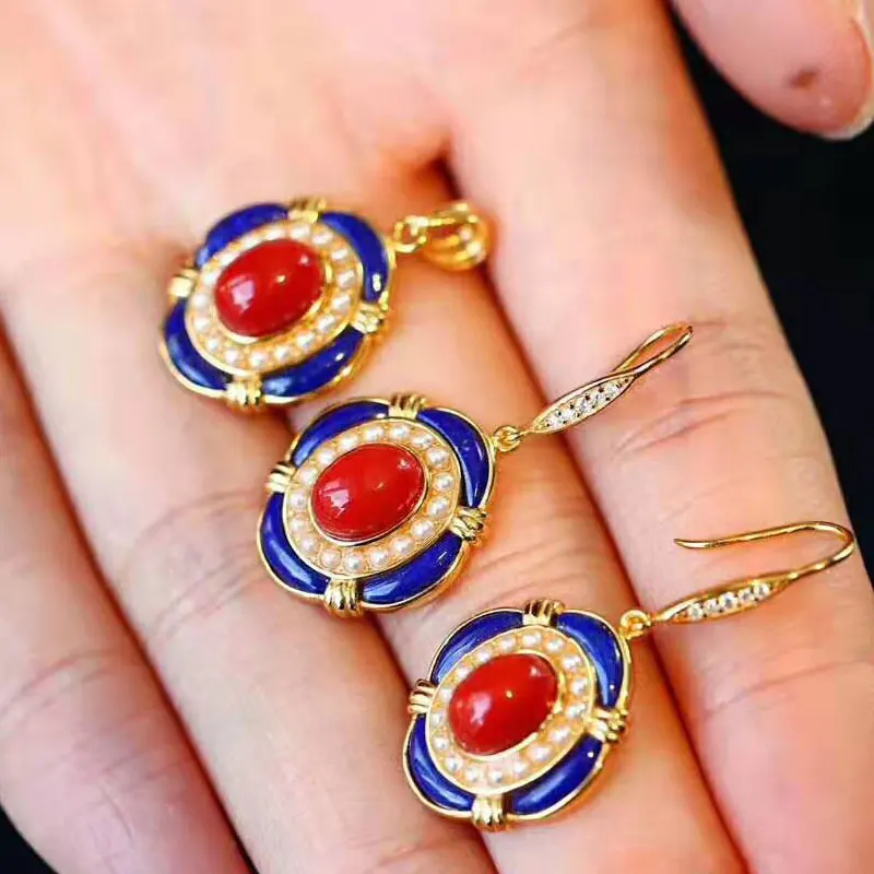 

RADHORSE Jewelry Sets 925 Sterling silver Red coral lapis pearl Retro Modeling Pendants & Earrings luxurious Jewelry Sets