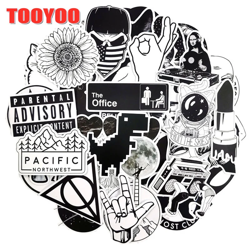 50pcs/set Rock Black White Vsco Girl Stickers Travel Cool Retro Guitar Skateboard Suitcase DIY TV Car Waterproof Decals
