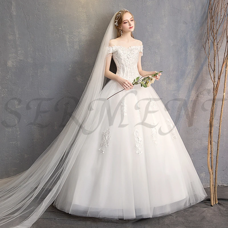 

SERMENT Slim Short-sleeved Dress Female Romantic Word Shoulder Bride Wedding Wedding Dress 2019 New Long Paragraph Without Tail