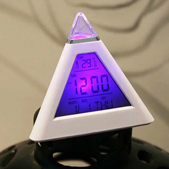Digital LED Alarm Clock 7 Colors Changing Night Light Time Temperature Display Pyramid Shape Desk Clock 5