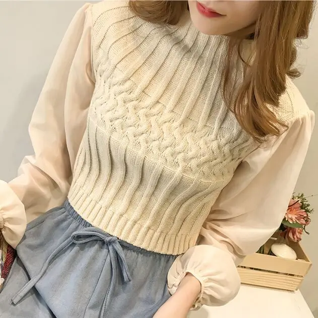 2020 Spring Women Solid Sweater Turtleneck Cropped Pullover Crop Top Patchwork Chiffon Sleeve For Female |
