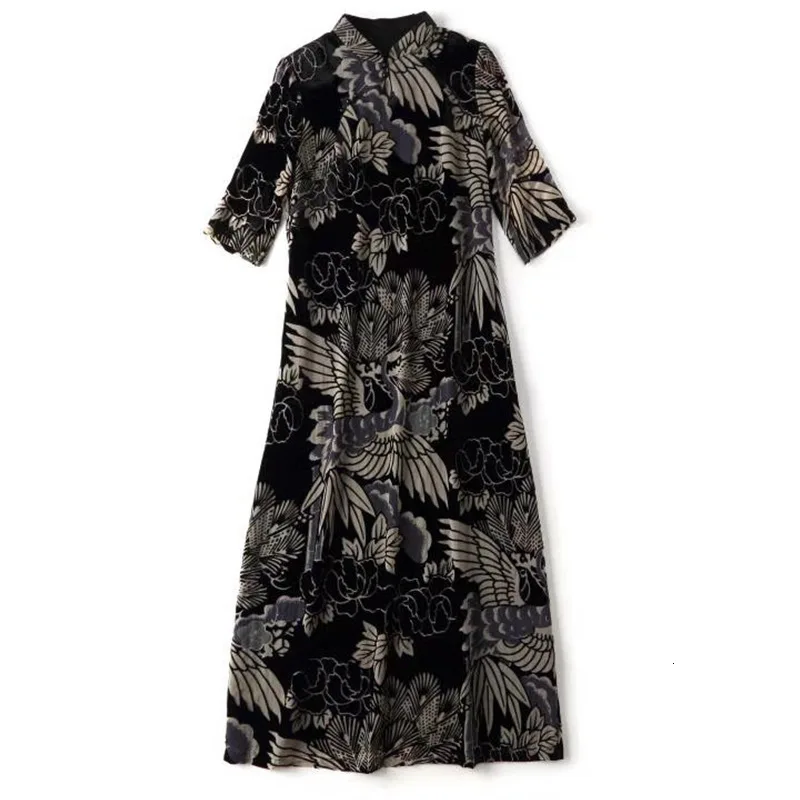 Black Новинка, юбка с рисунком Феникса, Ретро стиль, с принтом, жаккард, cheongsam, юбка для зимы, свадьбы,, платье с коротким рукавом - Цвет: Black